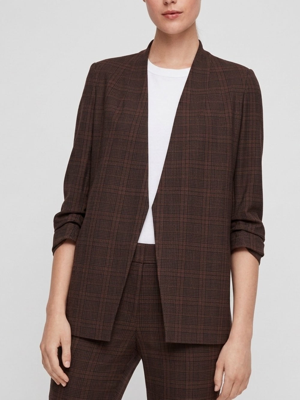 Aritzia Babaton Sz 10 Power Brown Plaid Academia Preppy Open Front Blazer